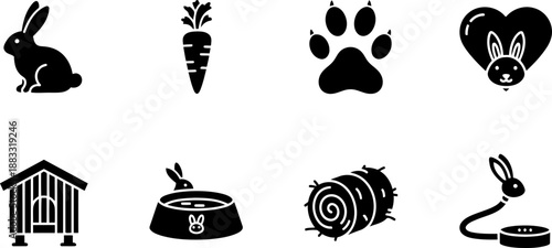 Adopt a Rescued Rabbit Month pet care icons in black and white vector