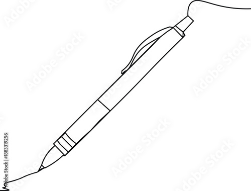 Continuous one line art drawing of a ballpoint pen for writing, office supplies, and education concepts.
