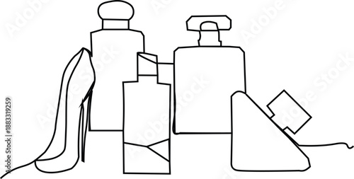 Fashion and Beauty Line Art. Continous Illustration of High Heel Shoe, Perfume Bottles and Handbag for Luxury Branding and Modern Lifestyle Design.
