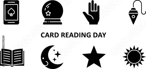 Card Reading Day icons: mobile, crystal ball, hand, pendulum, book, moon, star, sun