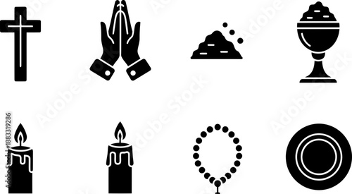 Lent religious symbols and icons in black and white vector