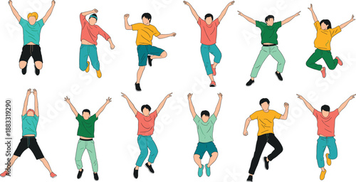Active people jumping and celebrating collection showing energetic poses, happiness, success, and freedom in modern flat vector illustration style