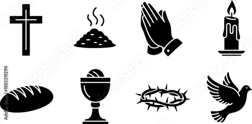 Lent religious icons: cross, ash, prayer, candle, bread, chalice, thorns, dove