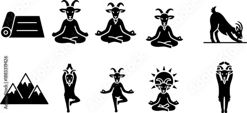 National Goat Yoga Month icon set with meditating goats and yoga poses