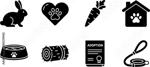 Adopt a Rescued Rabbit Month pet care icons in black and white vector