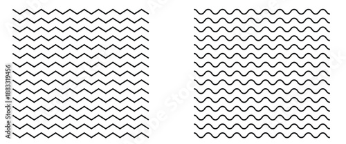 Vector wavy and zigzag horizontal underline. Waves line set. Wave thin line background. Vector zigzag and wavy horizontal underline.