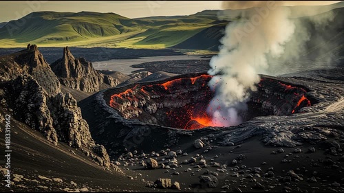 Volcanic Crater Eruption with Lava Flow and Smoke Plume
