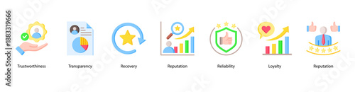 Trust and Transparency web banner icon vector illustration featuring Trustworthiness, Transparency, Recovery, Reputation, Reliability, Loyalty, and Reputation.