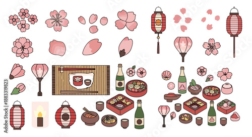 A vibrant collection of Japanese festival elements, including lanterns, food, and flowers, arranged in a flat lay illustration.