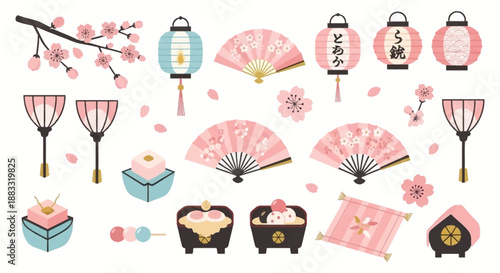 Collection of traditional Japanese elements including fans, lanterns, and cherry blossoms arranged in a visually appealing graphic composition