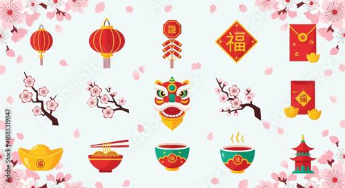 Vibrant Cultural Celebration Elements with Lanterns and Floral Motifs