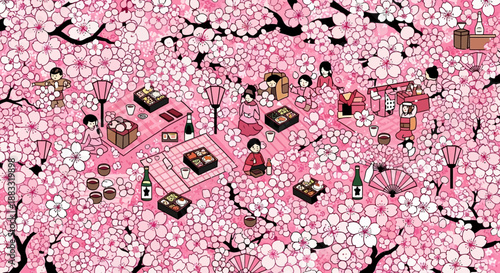A vibrant tea party under cherry blossoms with traditional Japanese delicacies and decorations viewed from above