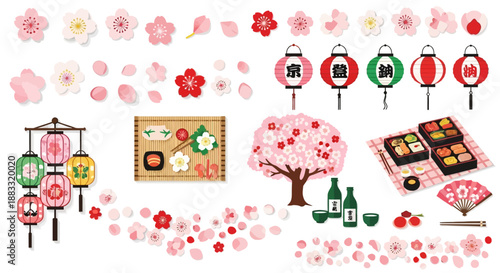 Beautiful vector collection of essential Japanese spring festival elements delicate cherry blossoms, festive lanterns, traditional sushi, bento boxes, sake, and fans for cultural designs