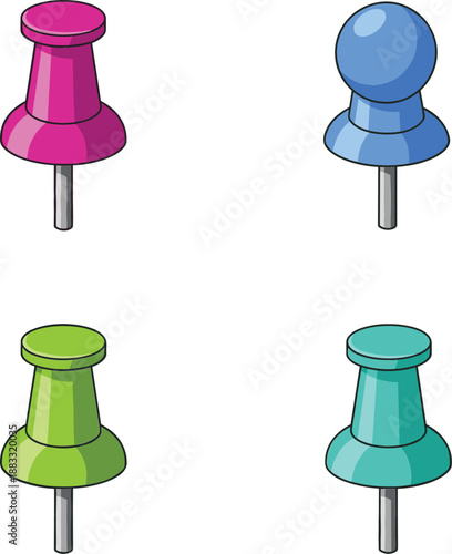 Colorful push pin vector illustration set with red blue green and teal office thumbtacks isolated