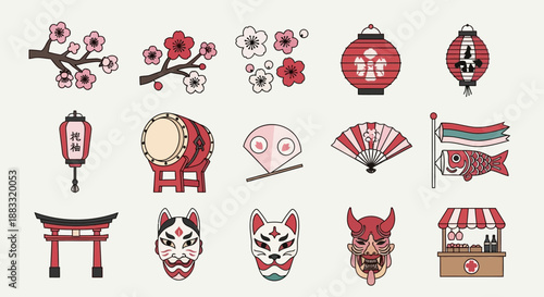 A vibrant collection of traditional Japanese cultural icons, featuring cherry blossoms, festive lanterns, ancient masks, torii gates, and taiko drums in a charming vector illustration
