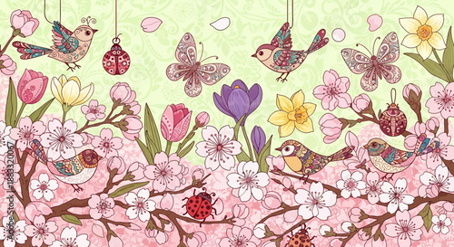 Whimsical seamless spring border illustration showcasing vibrant cherry blossoms, delightful birds, fluttering butterflies, and delicate garden flowers, perfect for seasonal designs