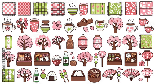 japanese icons and symbols for spring season including cherry blossoms lanterns bento boxes and tea cups