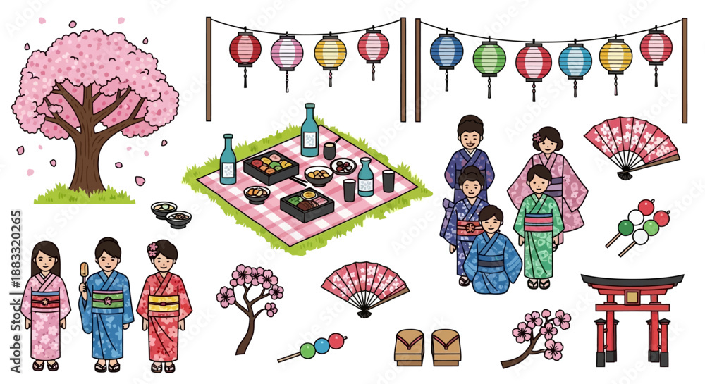 Obraz premium Charming Pixel Art Set Illustrating Traditional Japanese Culture and Festival Elements, Featuring Kimonos, Cherry Blossoms, Picnic Scenes, and Lanterns