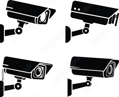 Four different types of security cameras in black and white