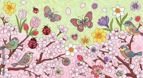 A whimsical springtime illustration featuring adorable birds, ladybugs, and butterflies amidst blooming cherry blossoms and colorful flowers
