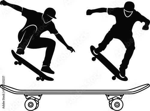 Two skateboarders performing tricks on a skateboard in mid air