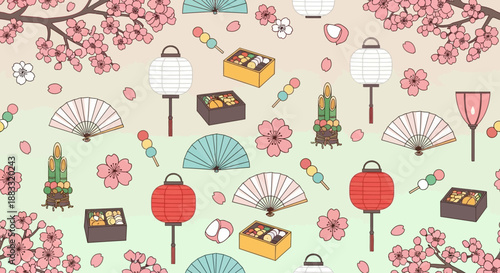 Japanese cultural elements and cherry blossoms in a charming, vibrant illustration