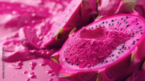 Wallpaper Mural A close-up of a dragon fruit cut open revealing its vibrant pink flesh speckled with tiny seeds and a spiky skin. Torontodigital.ca