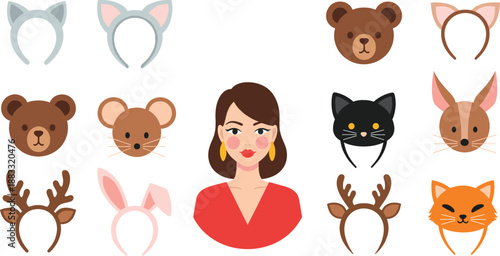 Cute animal face masks and headbands vector illustration set for kids party cosplay and playful avatars
