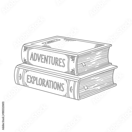 Stacked books with the words Adventures and Explorations on their spines.