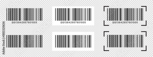 Set of barcode stickers mockups with scanning frames. Samples of bar code labels isolated on transparent background. Visual presentation of digital data product information. Vector illustration