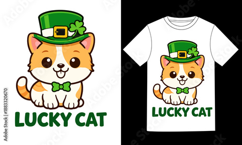 Lucky Cat Cute St Patrick’s Day Kitten Illustration T-Shirt Design