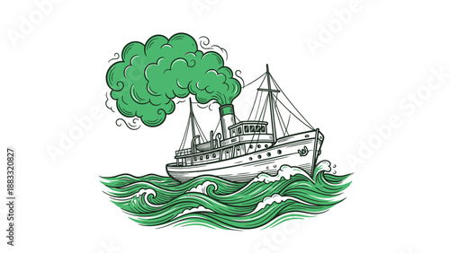 Steamboat sailing on the sea with green smoke, a vintage illustration.