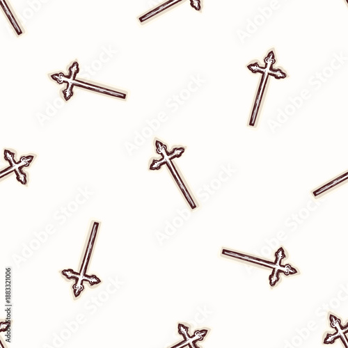 Hand drawn village church landscape scene with christian cross on bell tower. Black and white isolated vector motif for chapel, shrine Christian pilgrimage sanctuary symbol. European camion travel