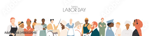 Happy Labor Day banner. People of different professions together. 