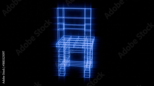 futuristic hologram chair wireframe rotating in digital space 3D render