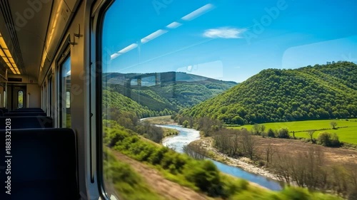 Blurred green and brown landscape moving quickly past an empty train window,   