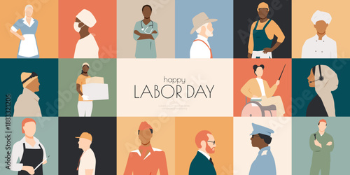 Happy Labor Day banner. People of different professions together. 