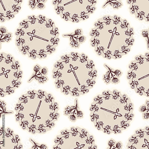 Hand drawn village church landscape scene with christian cross on bell tower. Black and white isolated vector motif for chapel, shrine Christian pilgrimage sanctuary symbol. European camion travel