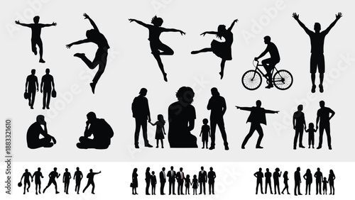 Collection of various human silhouettes in different poses and activities isolated on white background