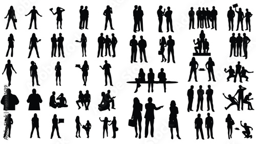Collection of various black human silhouettes in different poses and actions isolated on white background