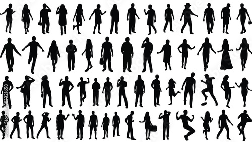 Collection of diverse people silhouettes in various poses and outfits isolated on white background