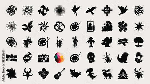 Collection of 40 minimalist black silhouettes of various objects and animals in flat design isolated on white background
