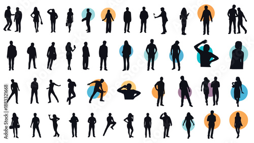 Collection of various human silhouettes in different poses isolated on white background