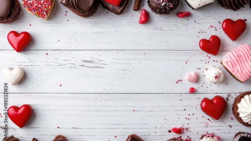Heart-shaped pastries and confectionery items with sprinkles and hearts on a white wooden surface, ready for sale or presentation.