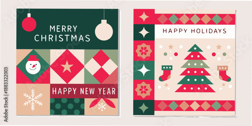 festive christmas and new year greeting cards with ornaments and cheerful holiday messages
