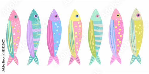 a colorful row of stylized fish illustrations in various bright pastel hues