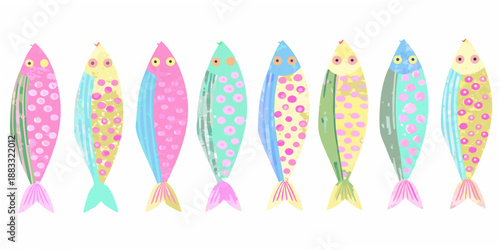 a row of colorful fish with varying patterns and designs aligned horizontally