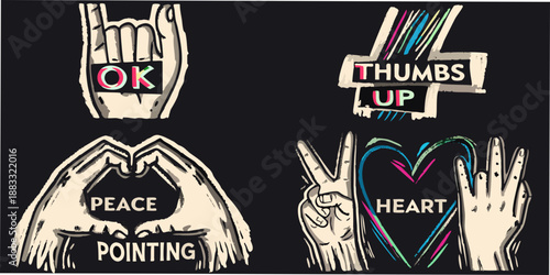 hand gestures and symbols ok thumbs up peace heart pointing graphic design