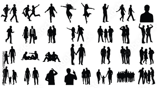 Collection of black human silhouettes in various poses and actions isolated on white background