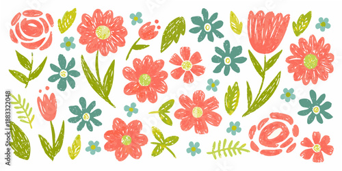 a vibrant collection of hand drawn flowers and foliage in shades of red and green